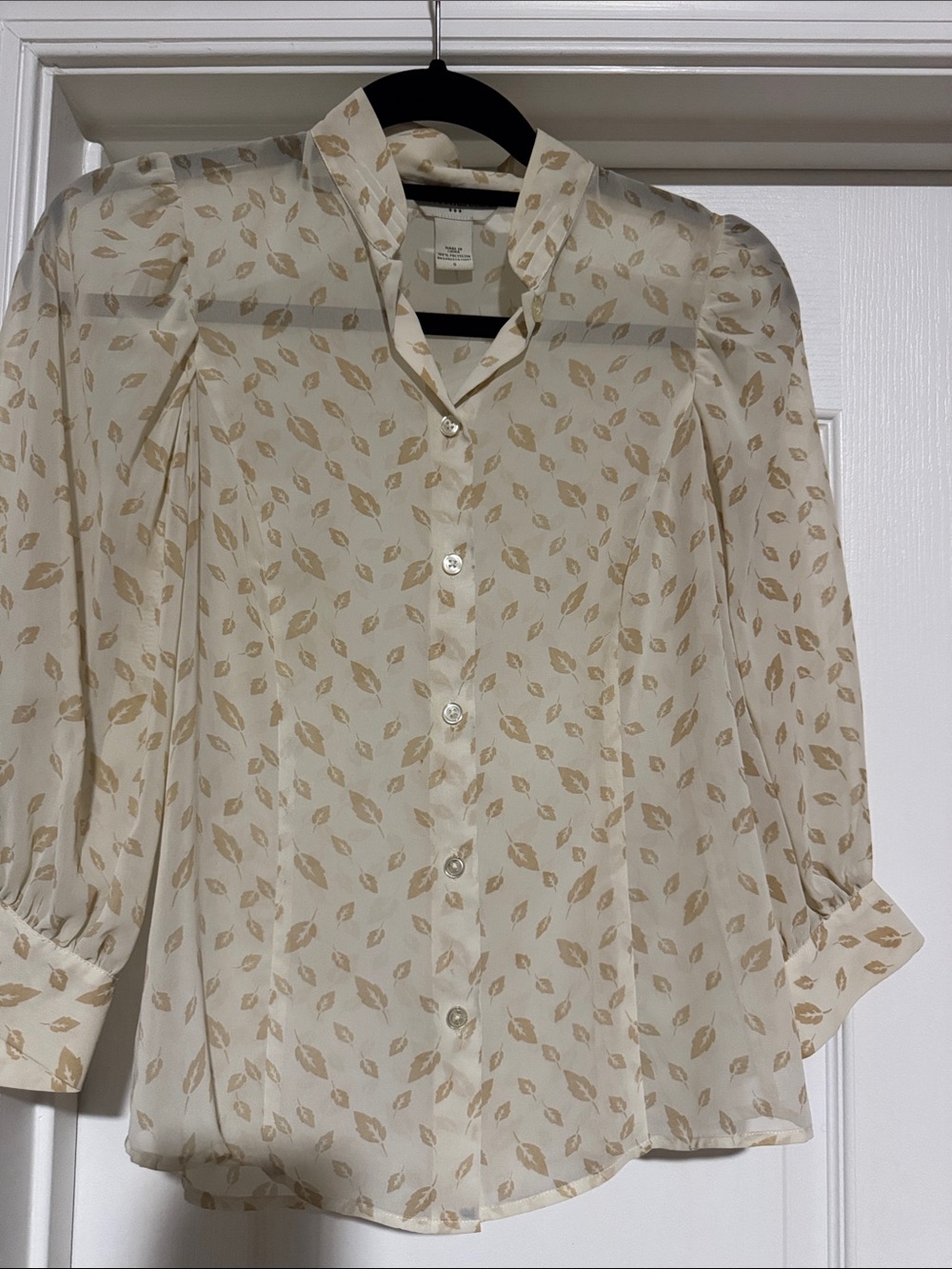 Banana Republic Ivory Blouse with Tan Leaf Motif